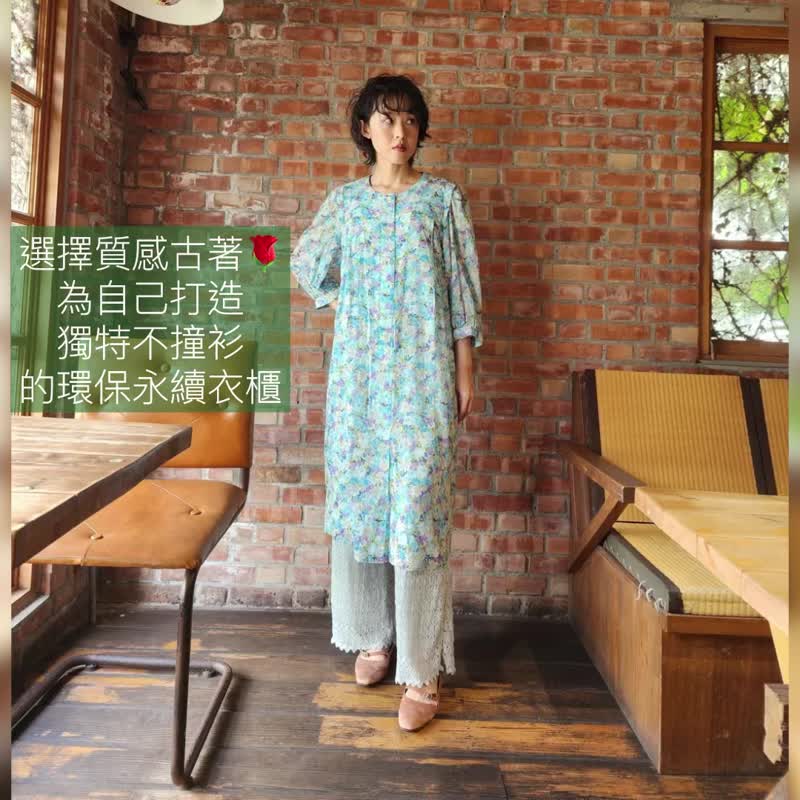 復古碎花長洋裝【日本古董衣】永續是最奢華的精品 - 洋裝/連身裙 - 棉．麻 藍色