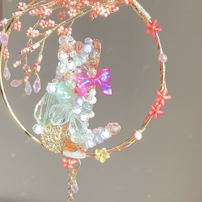 A sun catcher with a cat under blooming flowers, made of stained glass. - Other - Glass Pink