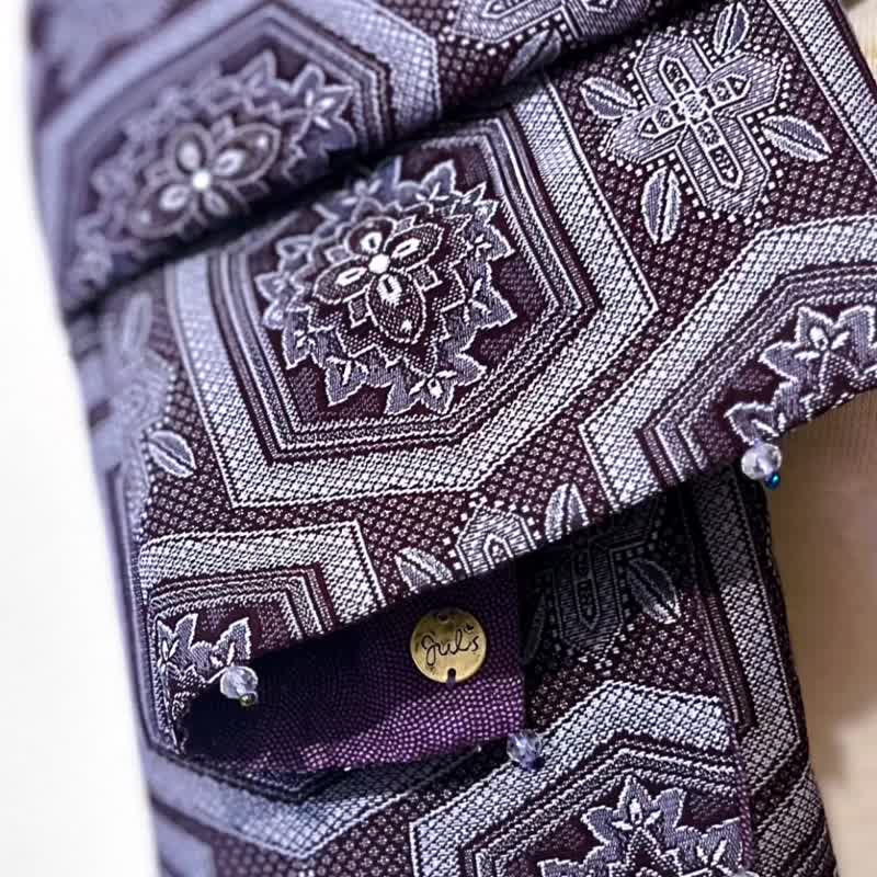 Purely handmade purple tortoise shell cross flower grass geometric totem wool spliced ​​silk Japanese shark pattern scarf and shawl - ผ้าพันคอถัก - ขนแกะ สีม่วง