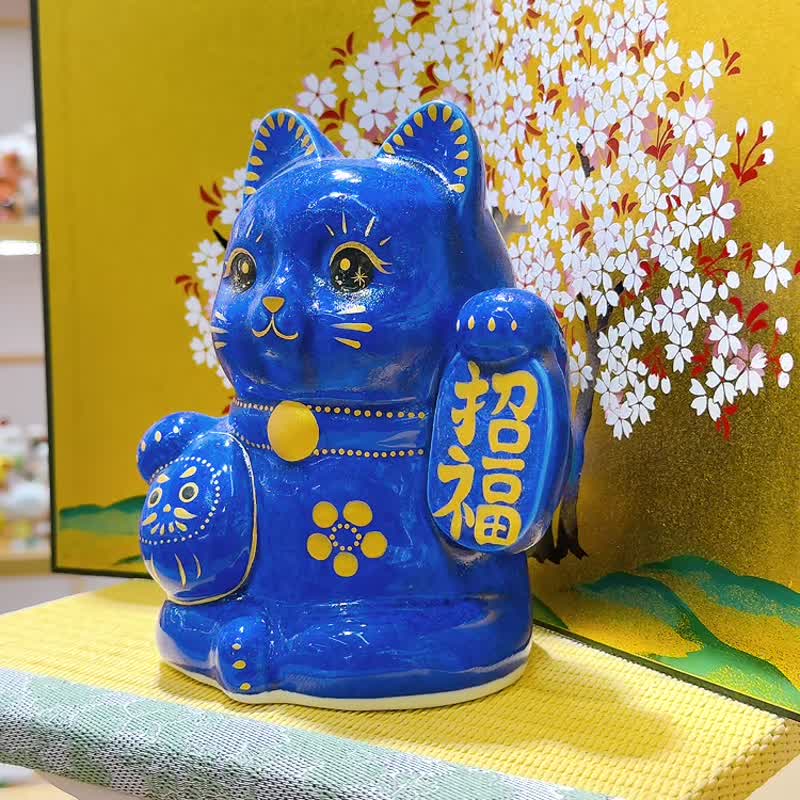 【瑠璃招福】日本清水燒招財貓 | 達摩花結晶 - 瑠璃招福 - 擺飾/家飾品 - 瓷 藍色