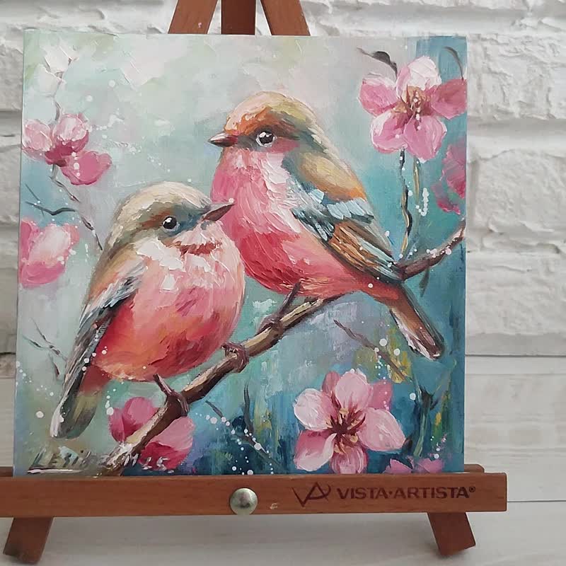 Birds Oil Painting Bird Small Art Bird Artwork Flower Painting Bird Art - ตกแต่งผนัง - วัสดุอื่นๆ หลากหลายสี