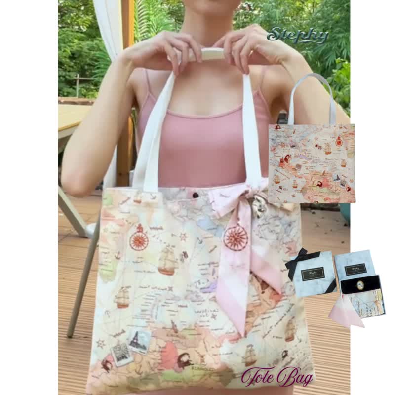 世界地圖TOTE BAG 絲巾包包 | 愛旅行者托特包 絲巾+包包兩用 - 手提包/手提袋 - 其他人造纖維 