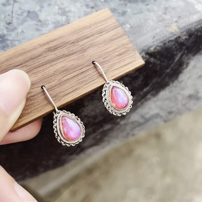 Xiyingyao 925 Silver Pink Moonstone Moonstone Earrings Ear Acupuncture Ethnic Style Hippie Natural Stone - ต่างหู - คริสตัล สีเงิน