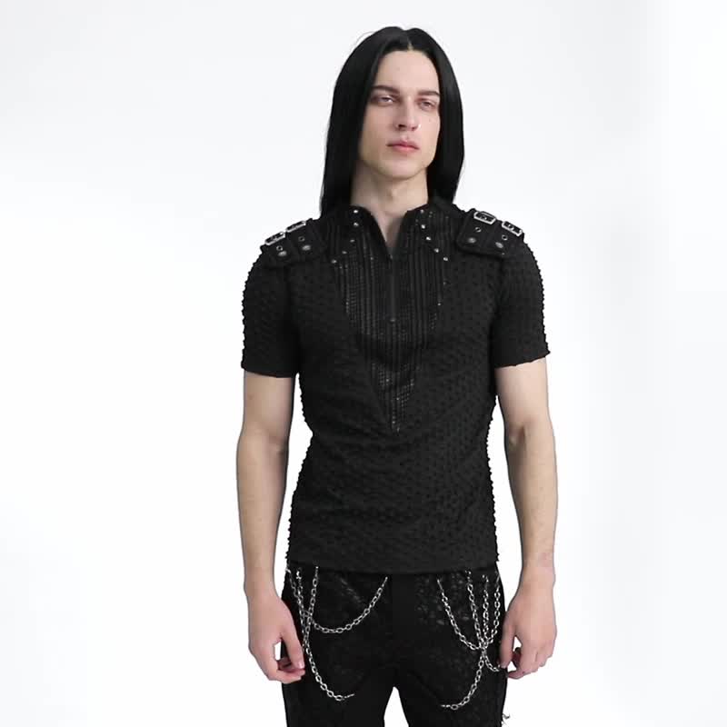 Punk Viking Stand Collar Distressed Top / Detachable Shoulders - เสื้อฮู้ด - วัสดุอื่นๆ สีดำ