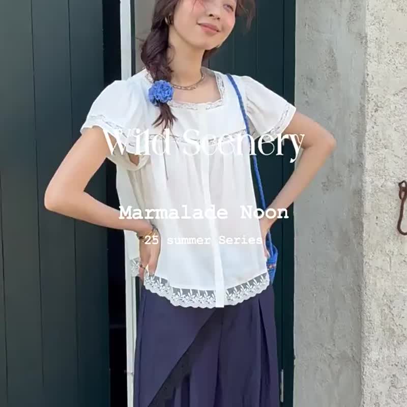 風吟衫 法式浪漫方領小飛袖襯衫 鏤空蕾絲拼接上衣 - 女襯衫 - 棉．麻 白色