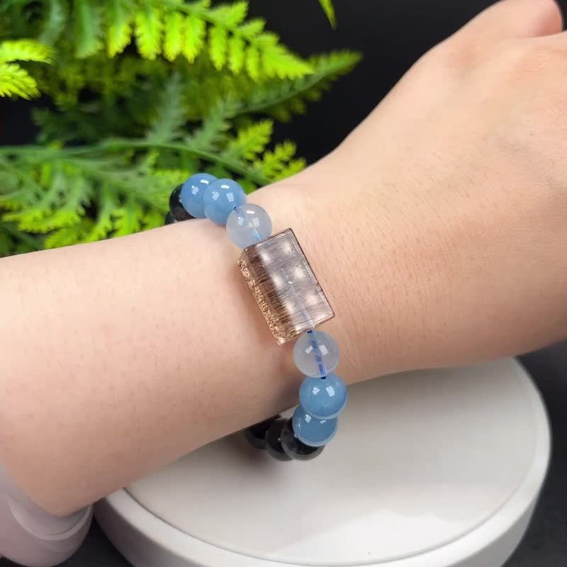 精品水象多寶水晶手串 海藍寶 鷹眼石 金運石 黑金超七 青金石環 - 手鍊/手環 - 寶石 
