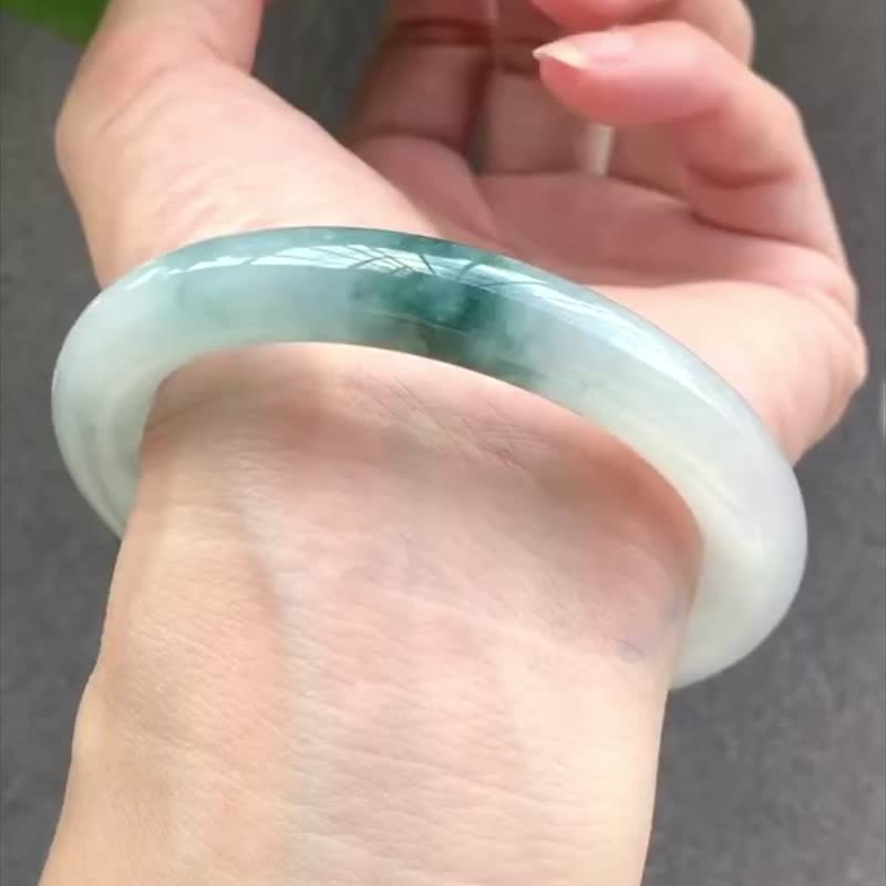 冰種 天然翡翠 緬甸 A玉 玉鐲 • 冰種藍飄花翡翠圓鐲 - 手鍊/手環 - 玉石 綠色