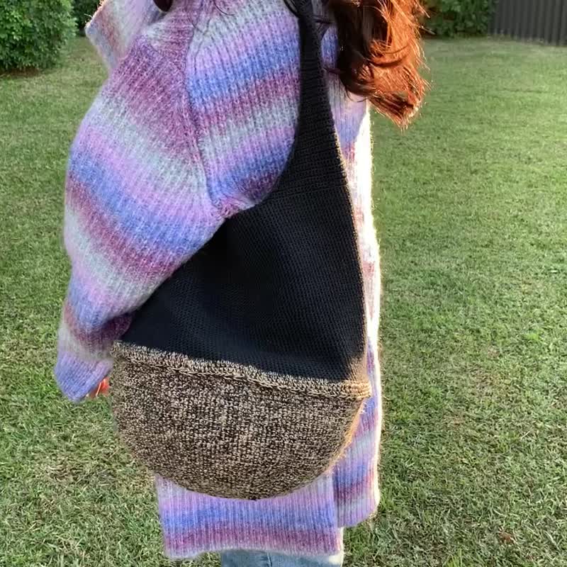 肩掛け麻ひも編みバッグ / 麻ひも×黒コットンロープ / 編みバッグ / ショルダーバッグ - ショルダーバッグ - コットン・麻 ブラック