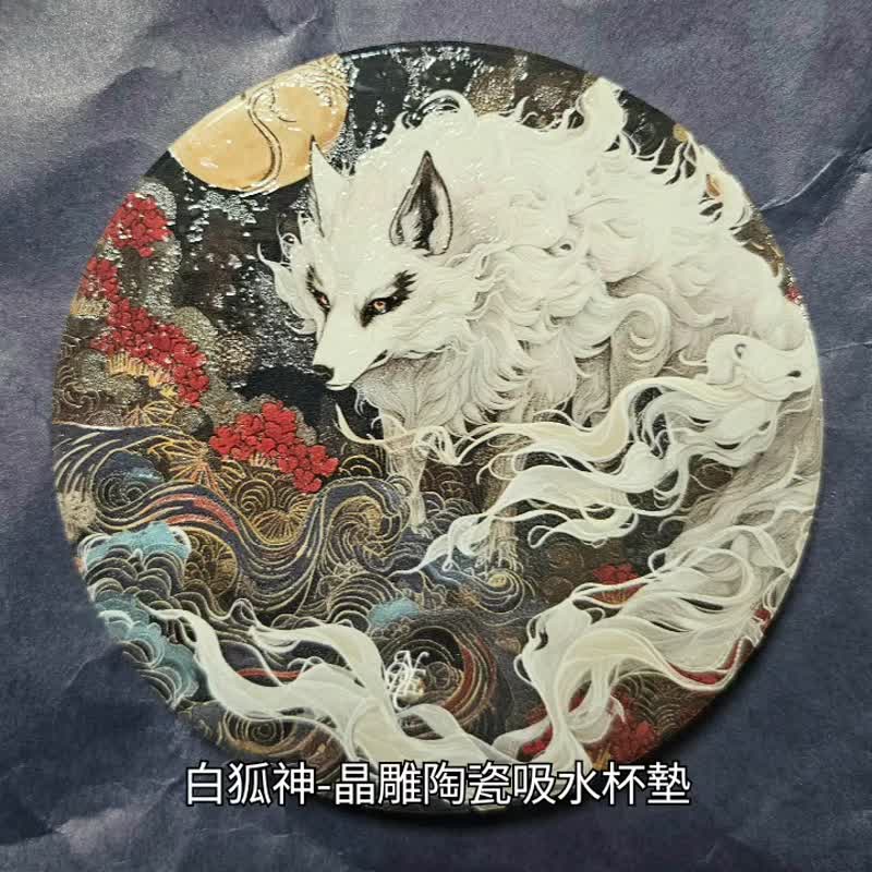 white fox god - Ceramic Coaster - Coasters - Pottery White