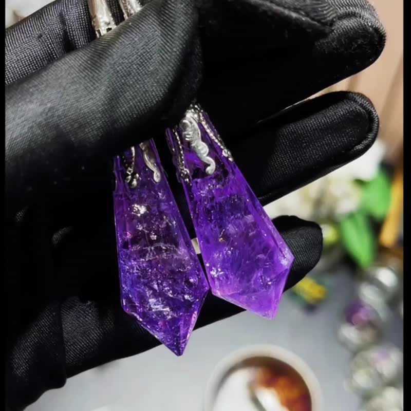 珍貴天然彩虹粉晶 尖錐 靈擺 水晶項鍊 彩虹紫黃晶 彩虹紫晶 吊墜 - 項鍊 - 水晶 紫色