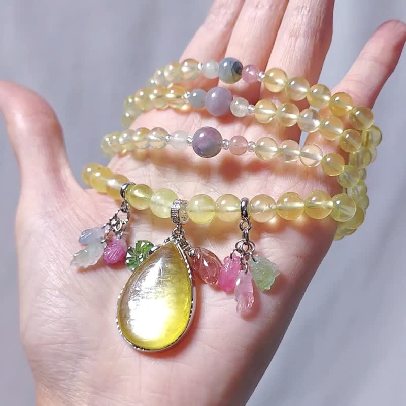 Top gold prehnite gold Stone rainbow tourmaline 108 bracelet rosary 6.6mm single product - สร้อยข้อมือ - เครื่องเพชรพลอย สีทอง