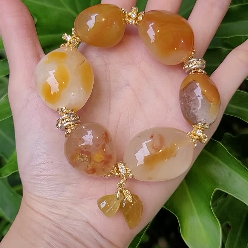 金黃瑪瑙 金綠柱石 一葉成功 蓮蓬 招財 大寶石手鍊 單品 禮物 - 手鍊/手環 - 寶石 金色