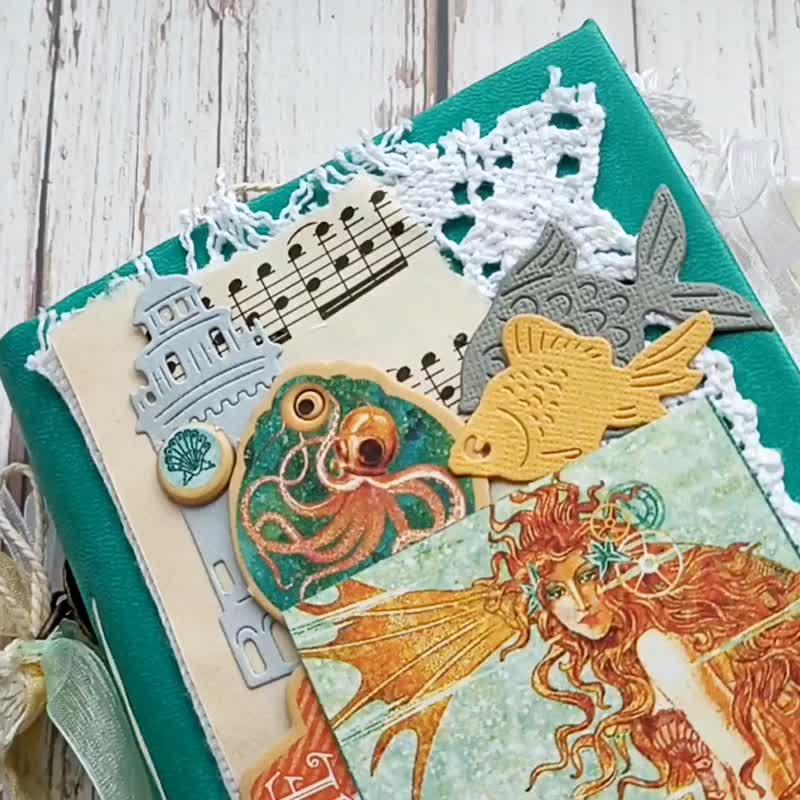 Mermaid steampunk junk journal handmade Ocean nautical fairy journal for sale - 筆記本/手帳 - 紙 藍色