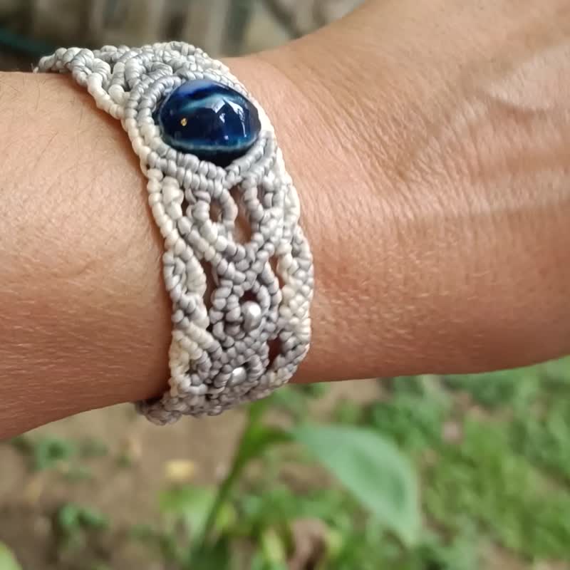 Adjustable macramé bracelet with a porcelain  bead - Bracelets - Porcelain Blue