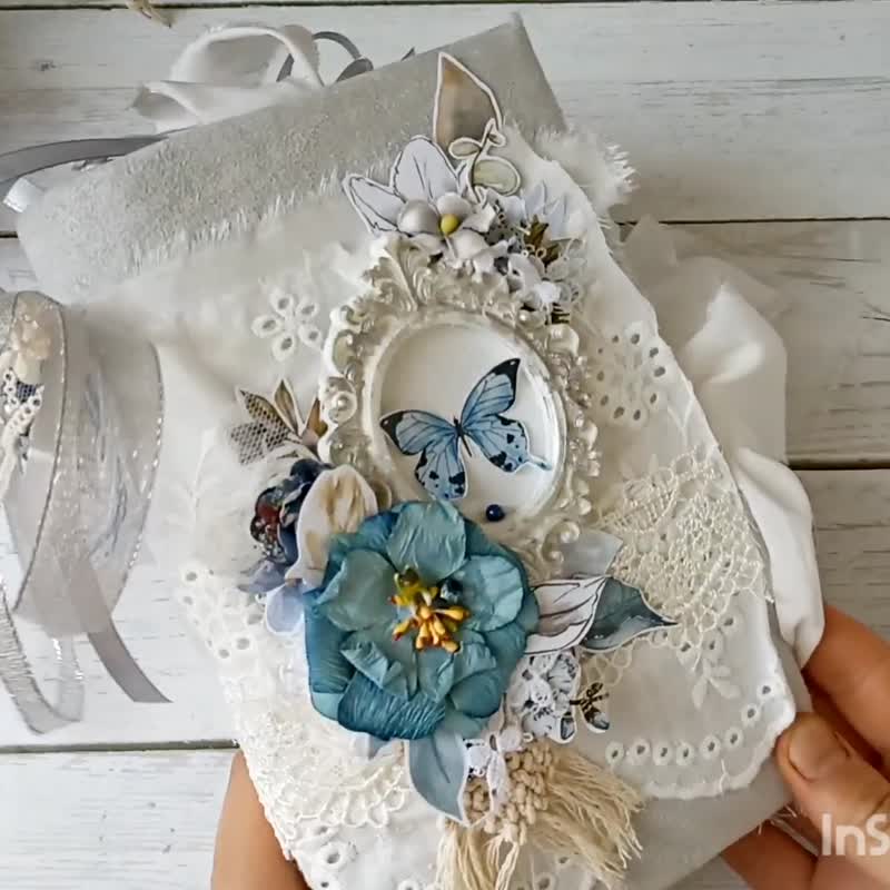 Lace junk journal handmade Blue butterfly notebook large floral flowers - สมุดบันทึก/สมุดปฏิทิน - กระดาษ สีน้ำเงิน