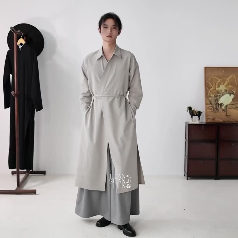 亂山昏 新中式國風原創設計交領系帶長款襯衫灰白四季百搭通勤 - 男襯衫/休閒襯衫 - 聚酯纖維 灰色