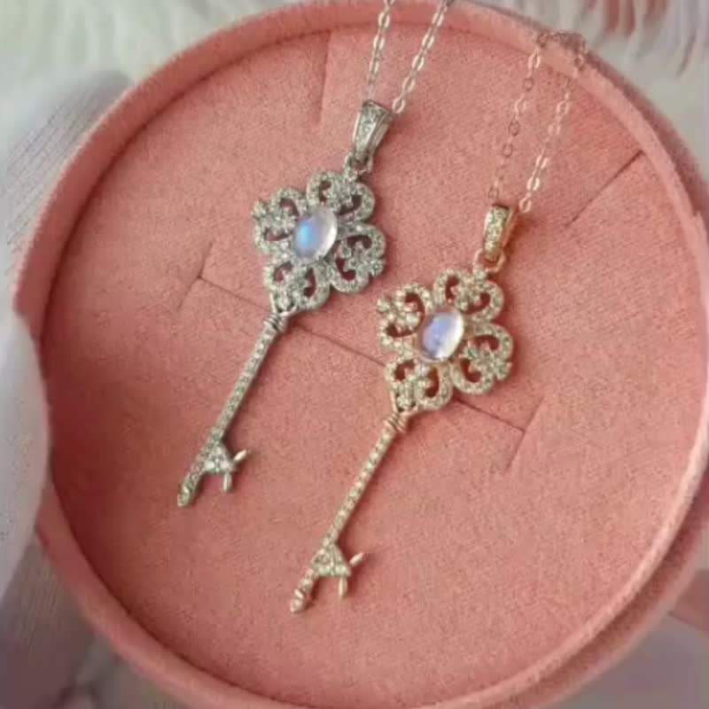 彩虹月光石 925 純銀鍍玫瑰金 項鍊 - 項鍊 - 純銀 白色