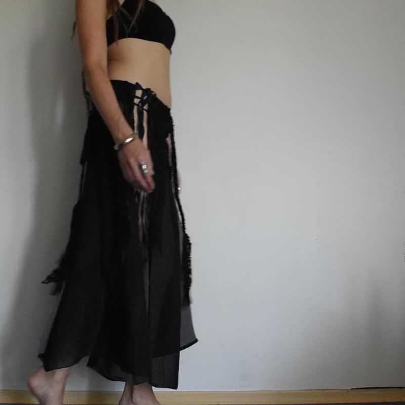 Long black split skirt, punk skirt, goth style festival costume - กระโปรง - ผ้าฝ้าย/ผ้าลินิน 