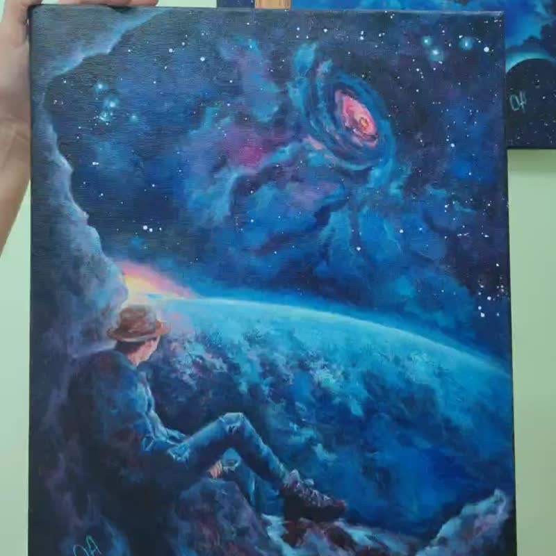 油畫 獨與宇宙。空間。銀河系。幻想。超現實主義。 - 海報/掛畫/掛布 - 棉．麻 藍色