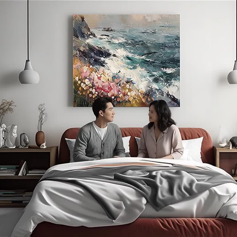 聽濤 印象派海岸油彩微噴 客廳臥室療癒系自然藝術 居家收藏裝飾 - 海報/掛畫/掛布 - 棉．麻 
