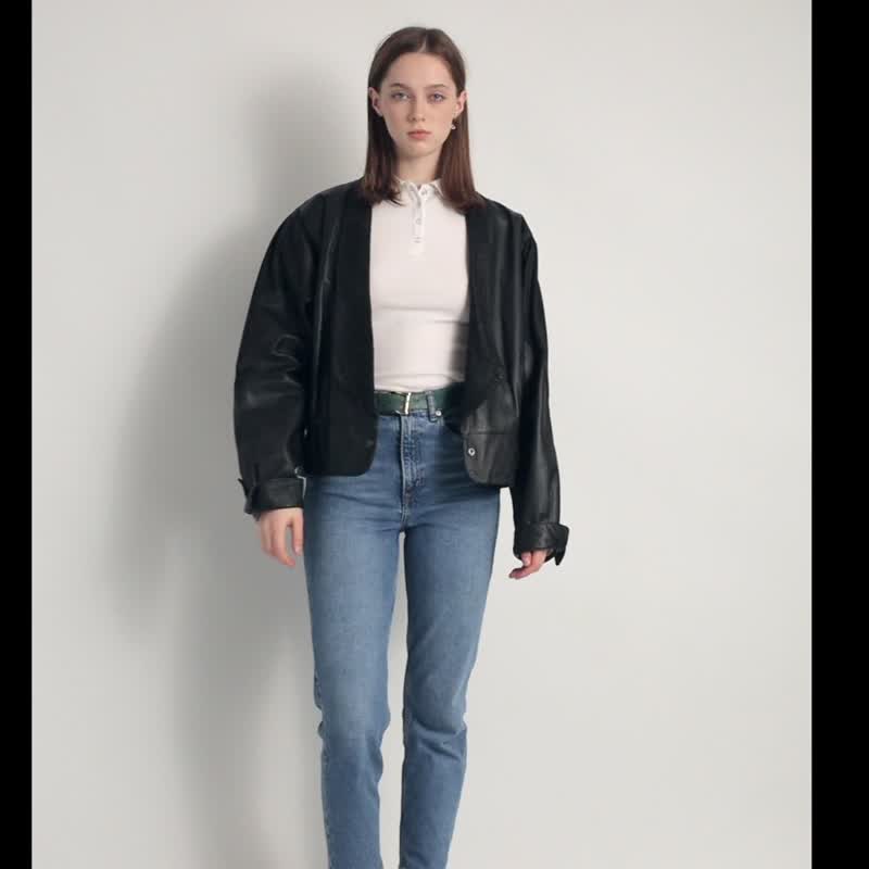 Leather Moto Bomber Jacket Women Vintage 80s Bomber Biker Jacket 5868 - 女大衣/外套 - 真皮 黑色