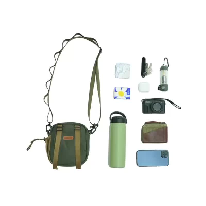 Recycled fabric outdoor small square bag water bottle accompanying cup umbrella bag oblique back side backpack mobile phone bag army green - กระเป๋าแมสเซนเจอร์ - ไนลอน สีเขียว