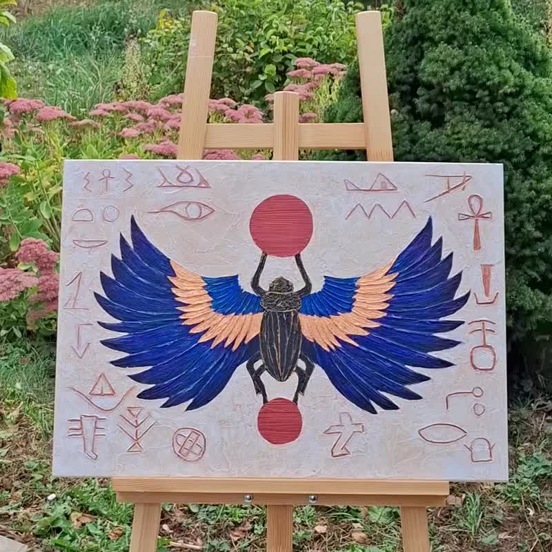 Original painting, ancient egyptian gods, scarab, blue, beige, red colors - Wall Décor - Acrylic Multicolor