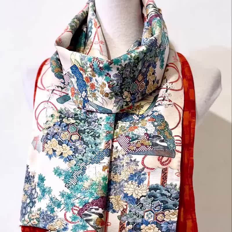 純手作絲質米白滿版傳統日本花草庭園撞色水彩筆觸風格橘色圍巾披 - 圍巾/披肩 - 絲．絹 多色