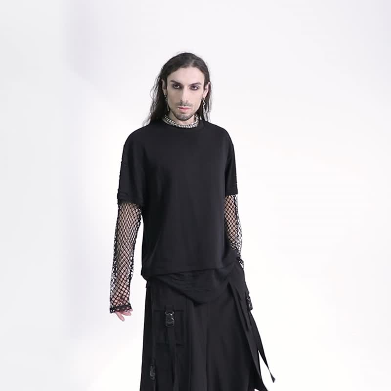 Punk Revolutionary Faux Two Piece Mesh Top/Loose Fit - Men's T-Shirts & Tops - Other Materials Black