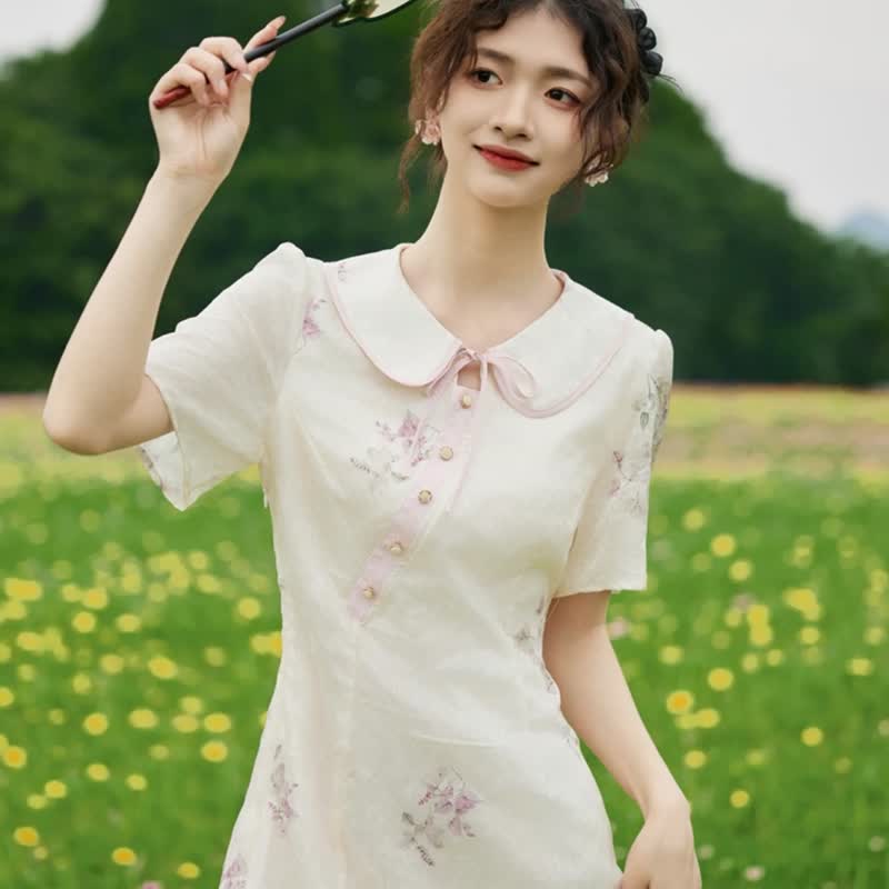 【花語伊人】新中式國風連衣裙 夏季新款氣質減齡碎花植物洋裝 - 洋裝/連身裙 - 其他材質 白色