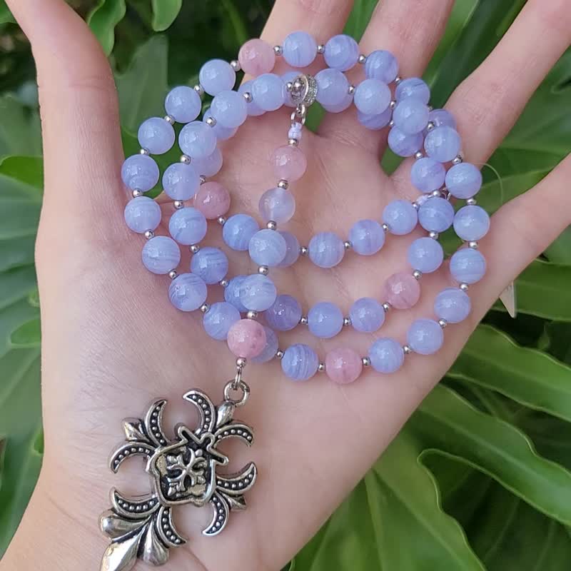 Ice blue agate pink crystal rose rosary god holy cross necklace comrade single product - Necklaces - Gemstone Blue
