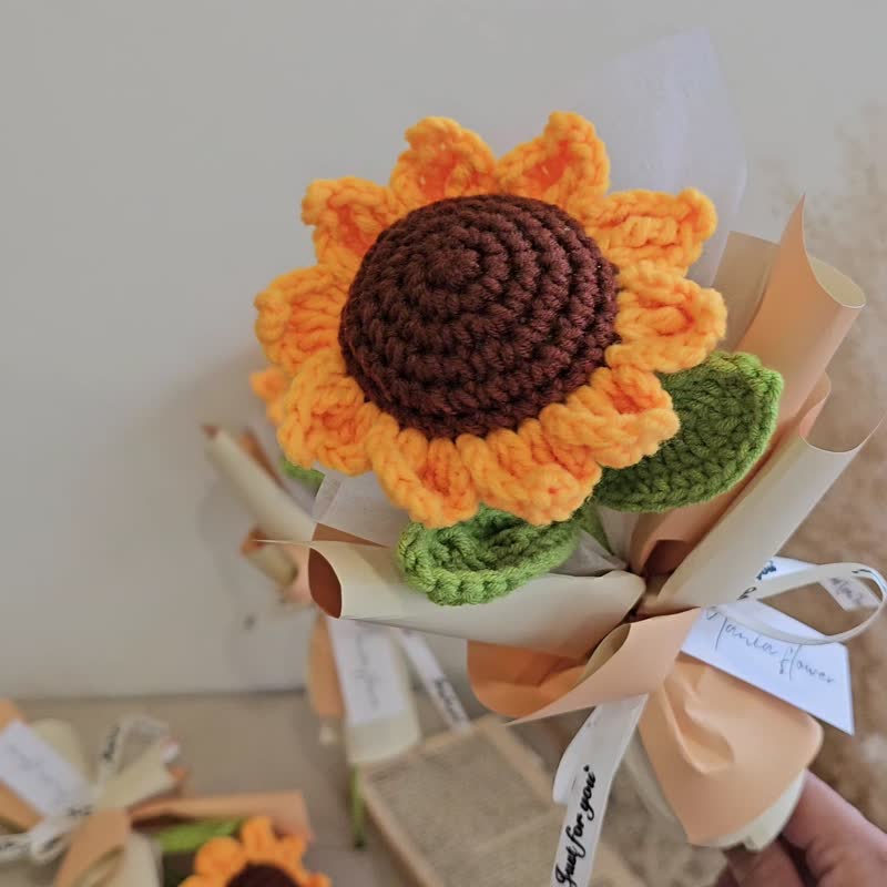 Sunflower Knitted Bouquet Graduation Gift Teacher Gift Fast Shipping In Stock - Dried Flowers & Bouquets - Cotton & Hemp Orange