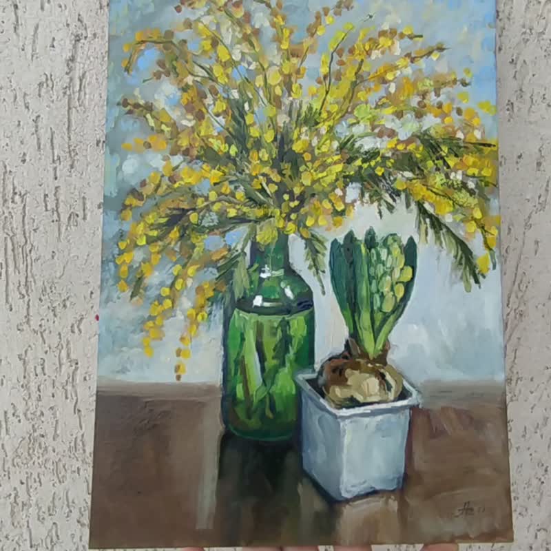 Mimosa and Hyacinth Painting Spring Flower Original Art Oil 21 dy 30 - 海報/掛畫/掛布 - 其他材質 黃色