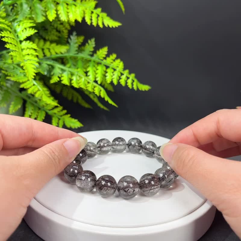 天然冰透黑發晶共生銅發晶手串 13mm 消除負能量 加強向心力 - 手鍊/手環 - 水晶 黑色