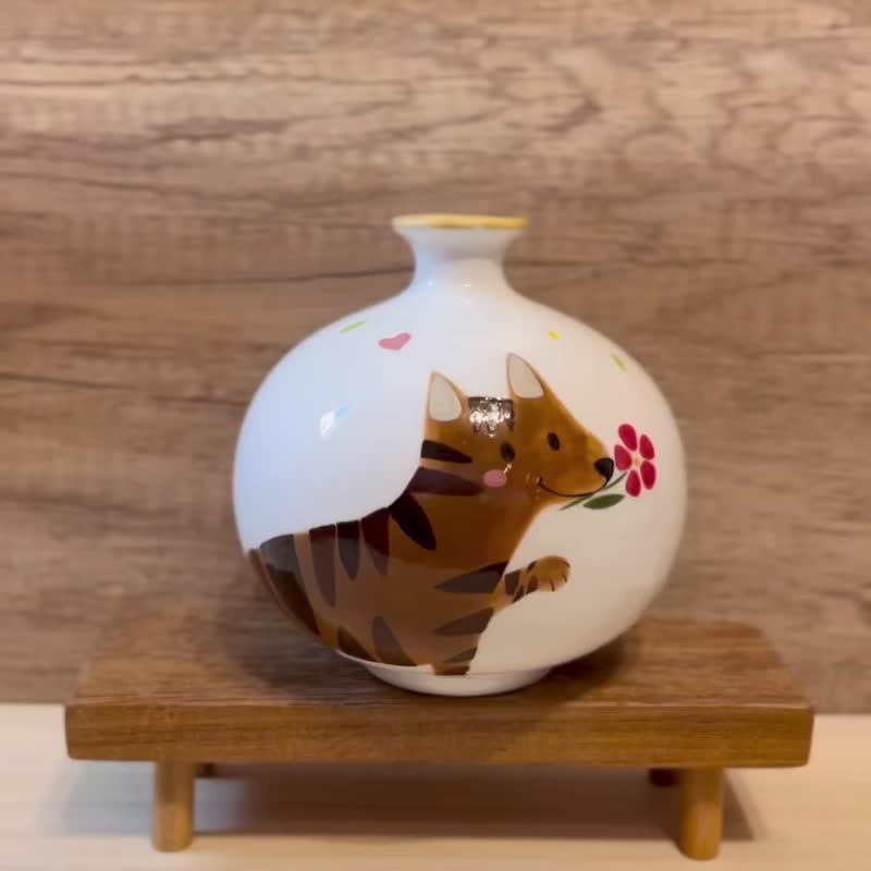 A Lu かわいい犬 Lu Lu ラウンド陶器花瓶/ギフトオリジナル手作り手描き 1 個のみ - 花瓶・植木鉢 - 陶器 多色