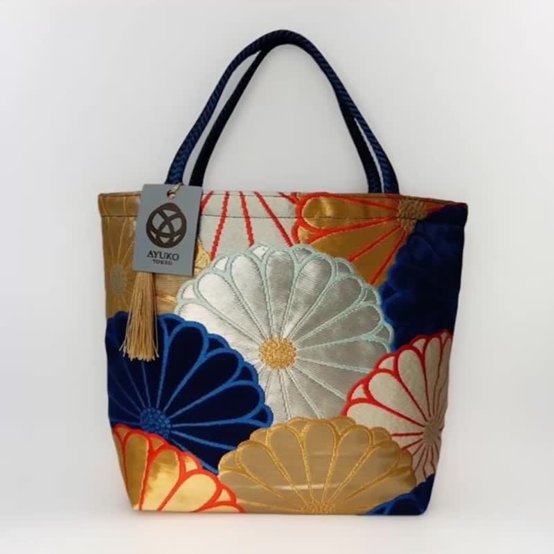 獨一無二真絲和服袋帶托特包, 日本手工刺繡升級改造包, 和風藝術 - 手提包/手提袋 - 絲．絹 金色