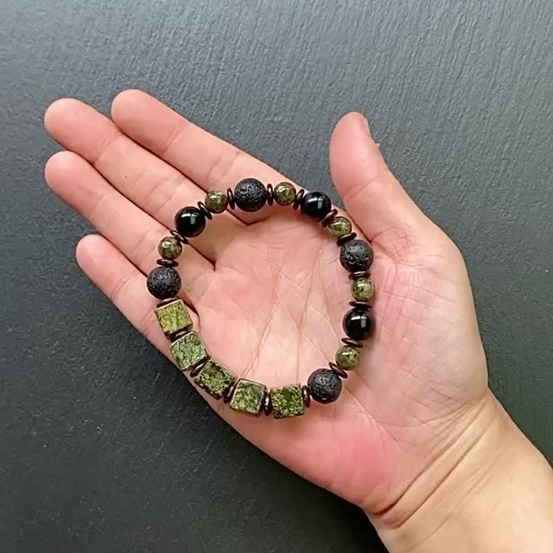 避邪擋煞 補充能量-藥王石立方x火山岩x沙弗萊x黑曜石x椰殼手鍊 - 手鍊/手環 - 水晶 多色
