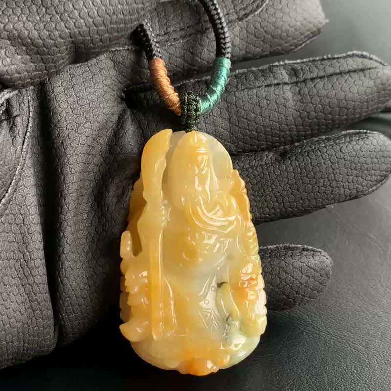天然翡翠項鍊 A貨~蜜糖黃~關公/關聖帝君玉墬  黃翡飄花 男士項鍊 - 項鍊 - 玉石 黃色