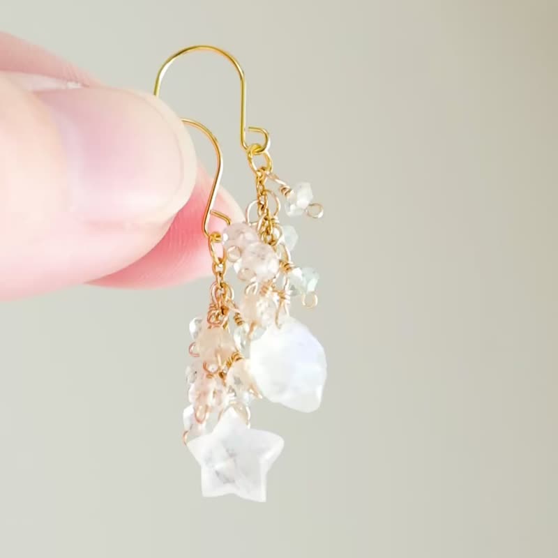 流星白月光與繽紛綠柱石耳環：閃耀夜空的贈禮．醫療級不鏽鋼 - 耳環/耳夾/耳骨夾 - 石頭 白色