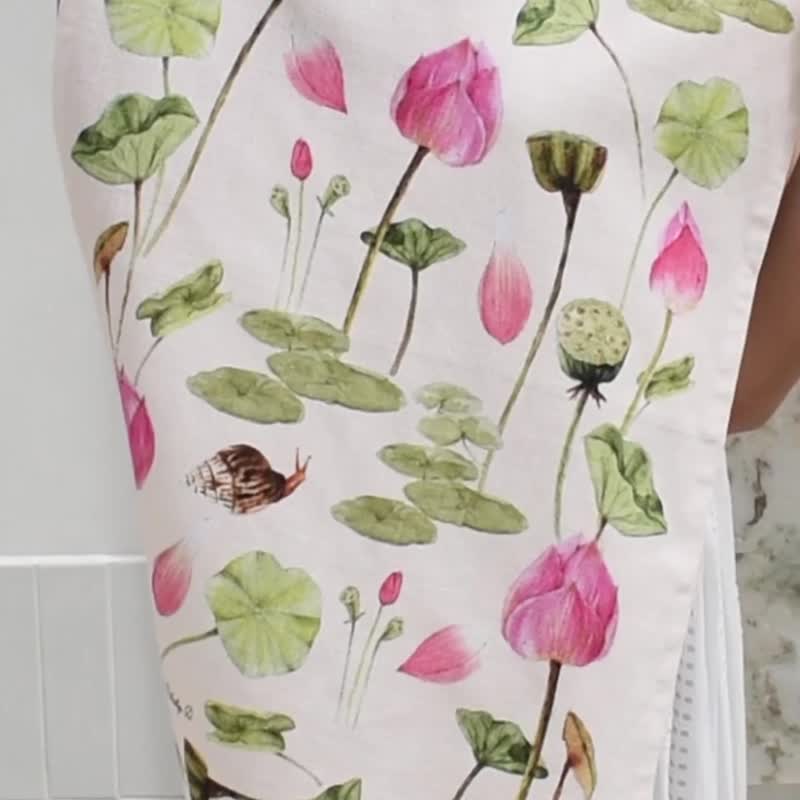 Tea Towel, Lotus pond, Botanical Art, Thai Cotton Kitchen Towel - ของวางตกแต่ง - ผ้าฝ้าย/ผ้าลินิน 
