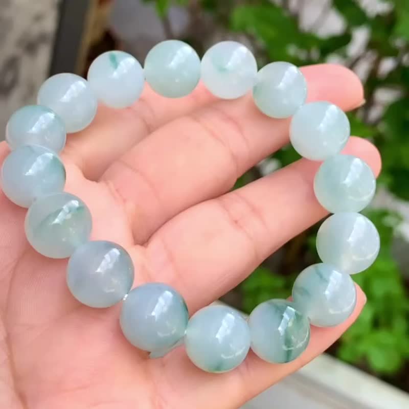 冰種翡翠天然翡翠A玉玉珠 玉鏈手鏈頸鏈 • 冰種飄花翡翠手串 - 手鍊/手環 - 玉石 綠色
