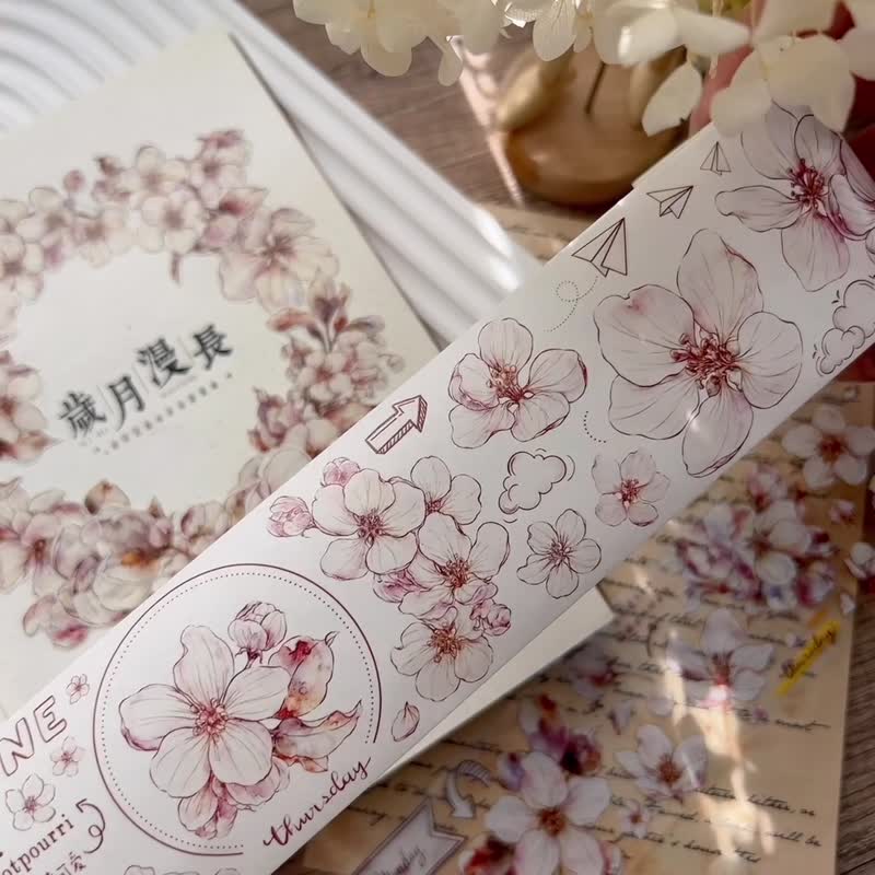 海棠 輕復古大花卉 PET 和紙膠帶 - 紙膠帶/和紙/PET - 紙 藍色
