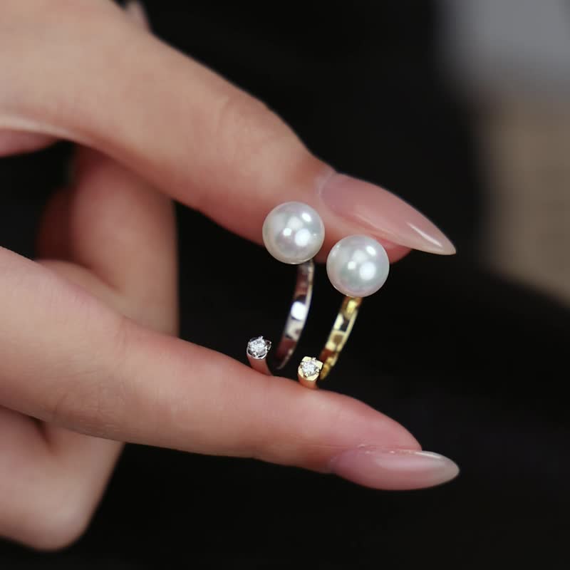 大珍珠鋯石開口戒 - 戒指 - 純銀 金色