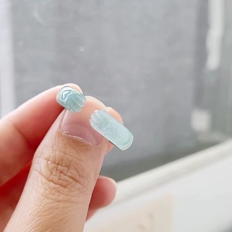 【親翠】天然翡翠 瓜地馬拉 冰透藍起光愛心貓爪手指鐲18號戒圈 - 戒指 - 玉石 藍色