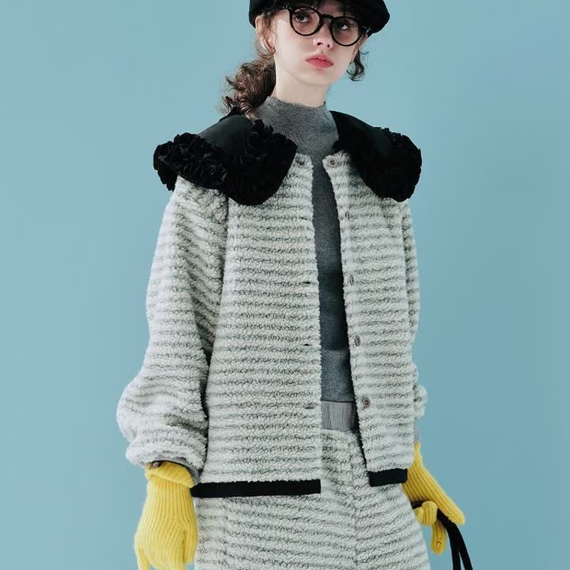 Spliced ​​small black collar striped lamb plush winter coat - เสื้อแจ็คเก็ต - วัสดุอื่นๆ สีเทา