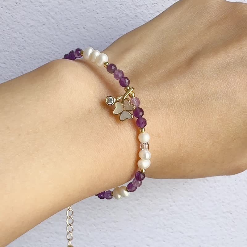 Happy Clover Faceted Amethyst Mini Pearl Natural Stone Bracelet Birthday Gift - สร้อยข้อมือ - คริสตัล สีม่วง