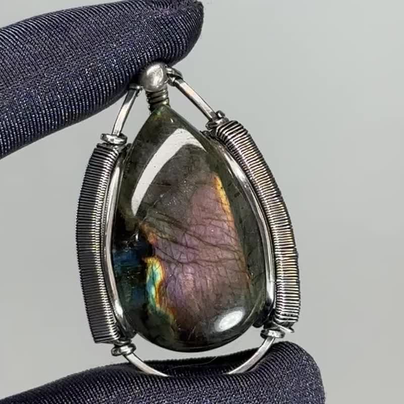 WAS058  Wire Wrapped Labradorite Pendant - Necklaces - Silver Purple