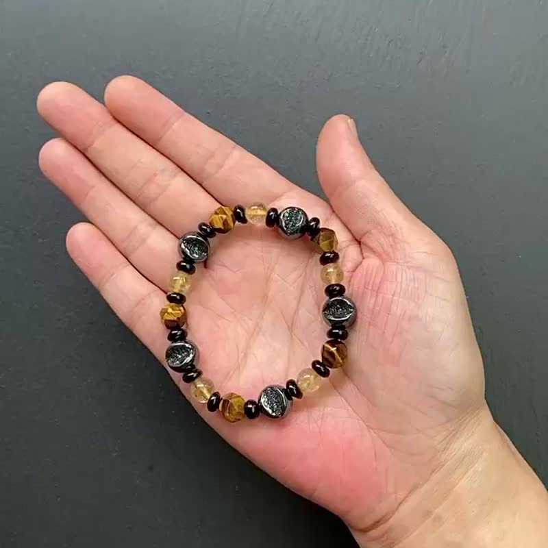 虎眼石x金髮晶x瑪瑙x黑膽石開口笑聚寶盆小晶洞手鍊 財運 避小人 - 手鍊/手環 - 水晶 多色