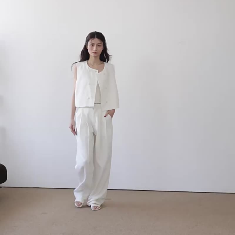White/black relaxed and drapey trousers that cover the flesh and look slimming, modifying the leg shape, straight-leg floor-length mopping trousers - กางเกงขายาว - ไฟเบอร์อื่นๆ ขาว