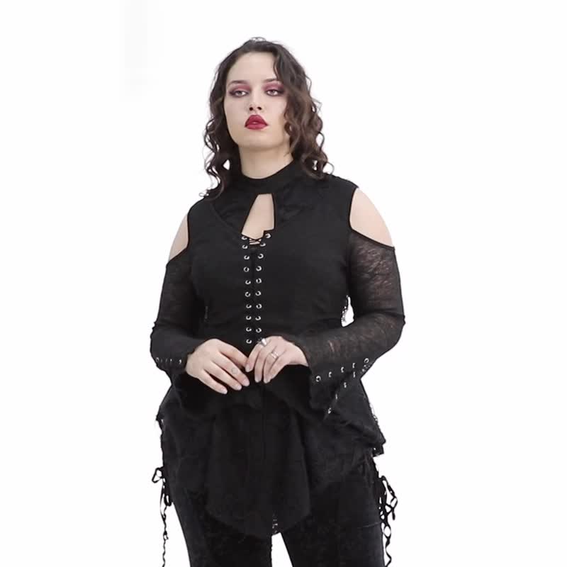 [Large Size] Pagan Alchemy Flower Drop Collar Top/ Faux Two Piece Design - เสื้อผู้หญิง - วัสดุอื่นๆ สีดำ
